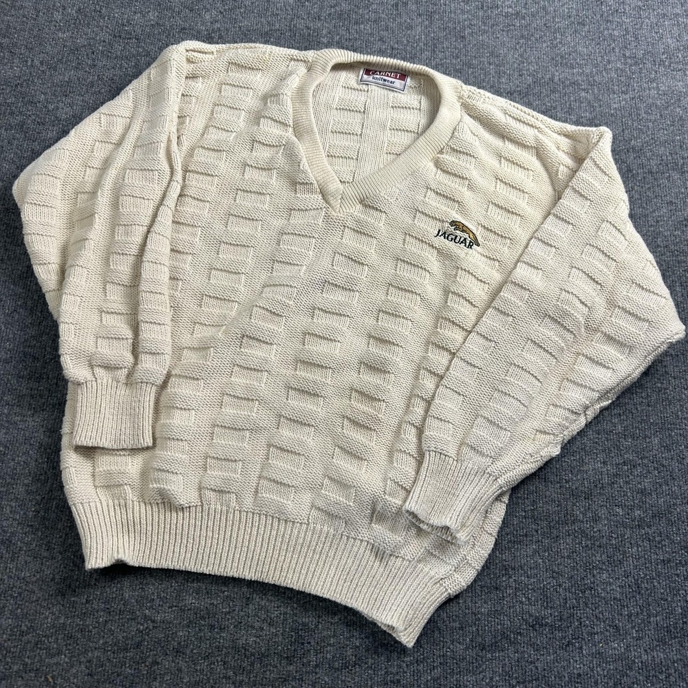 Carnet Sweater Mens Large White Textured Knit V Neck Jaguar Car Logo Pullover
